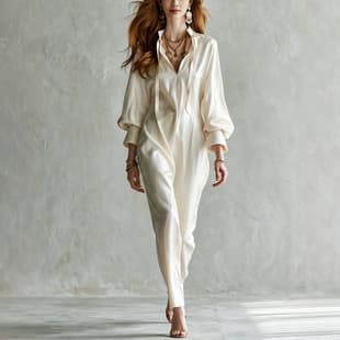 Cross-border European and American women's stand-collar tie-front half-button long-sleeve jumpsuit for women, fashionable and elegant satin-smooth jumpsuit