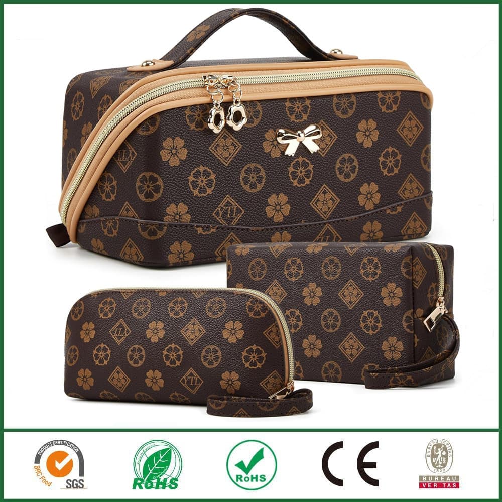 Travel three-piece cosmetic bag large capacity women's cosmetic bag waterproof PU leather flat opening portable toiletry bag