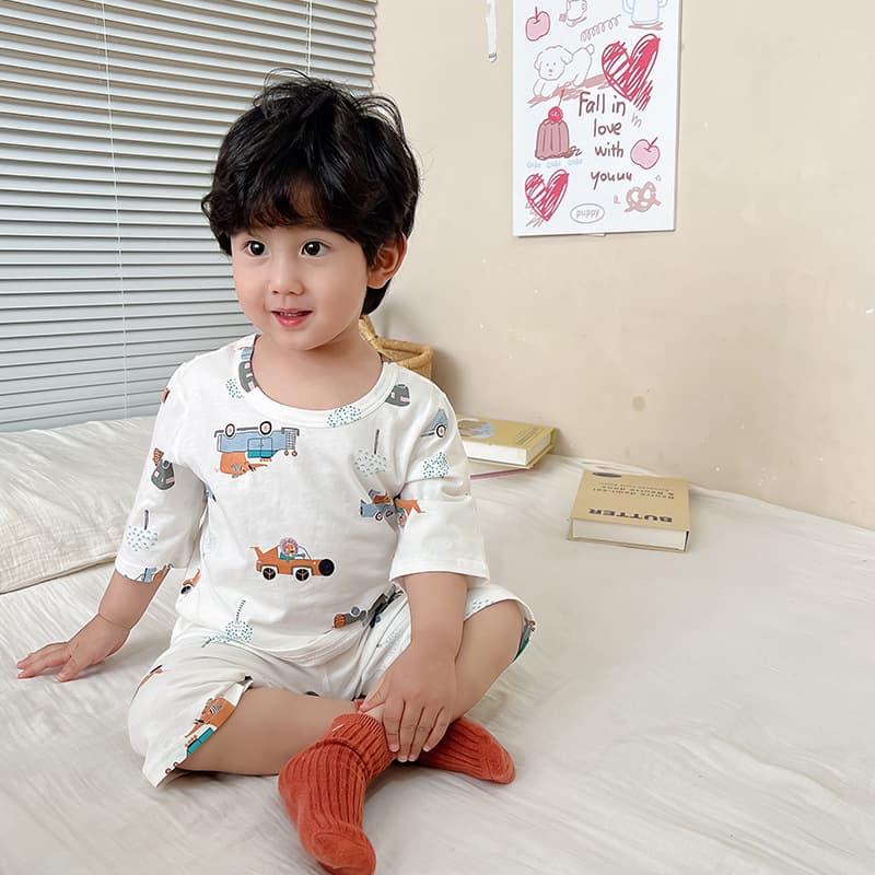 Baby Pajamas Summer Cotton Thin Short Sleeve Pullover Lycra Cotton Home Suit Set for Boys and Girls Air Conditioning Wear
