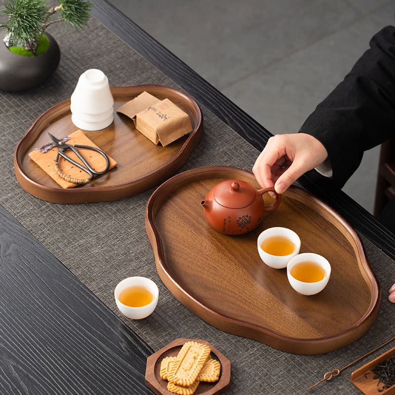 Chinese Restaurant Serving Thickened Bamboo Serving Tray, Irregular Size Pastry Plate, Teacup Kettle Tea Tray