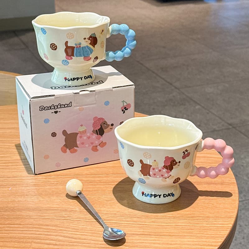 Cute Dachshund Stemmed Glass Ceramic Mug, Soft and Fluffy, Women's Couple Coffee Cup, Birthday Gift