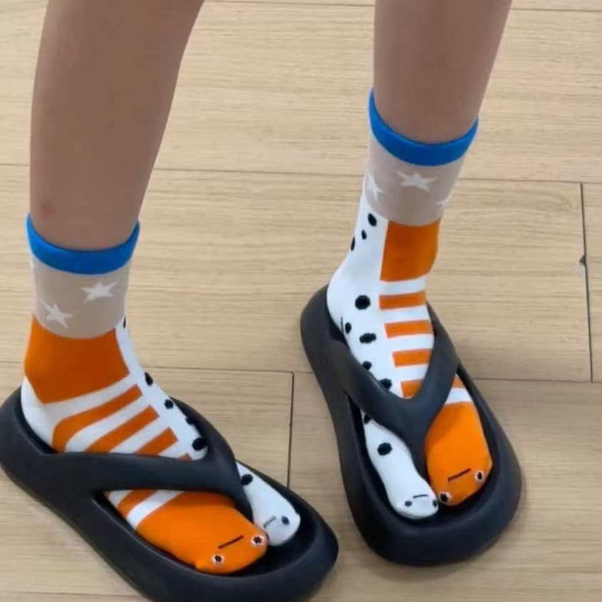 Women's Cute Funny Split Toe Mid-Calf Socks, Abstract Ugly Cute Flower Eel Aquarium Couple Socks, Bestie Personality Trendy Socks