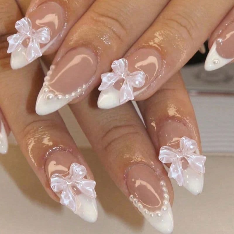 European and American Cross-Border French Wearable Almond Nails Bowknot Sweet Fake Nails Finished Wearable Nails Wholesale