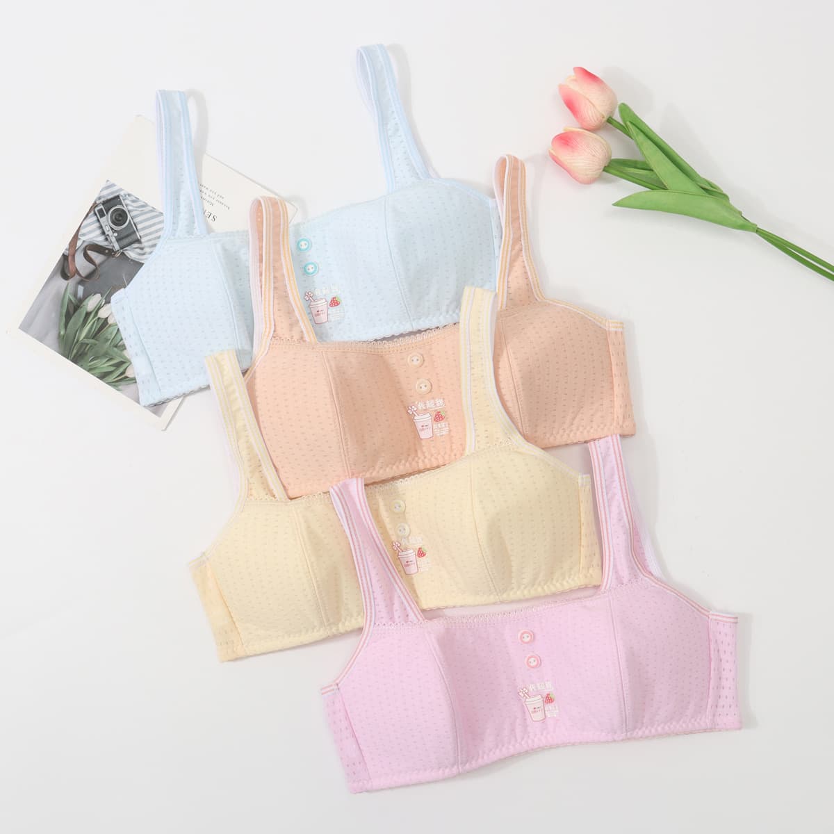 Double-Layered, Cotton-Padded Camisoles for Girls to Prevent Nipple Show-Through, Breathable Wrap Tops for Elementary and Middle Schoolers