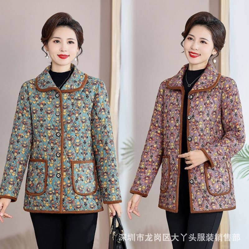Middle-Aged and Elderly Floral Cotton Jacket Plus Size Elderly Outerwear Women's Grandma Outfit Cotton Cardigan Fleece-Lined Inner Floral Cotton Coat Mid-Length