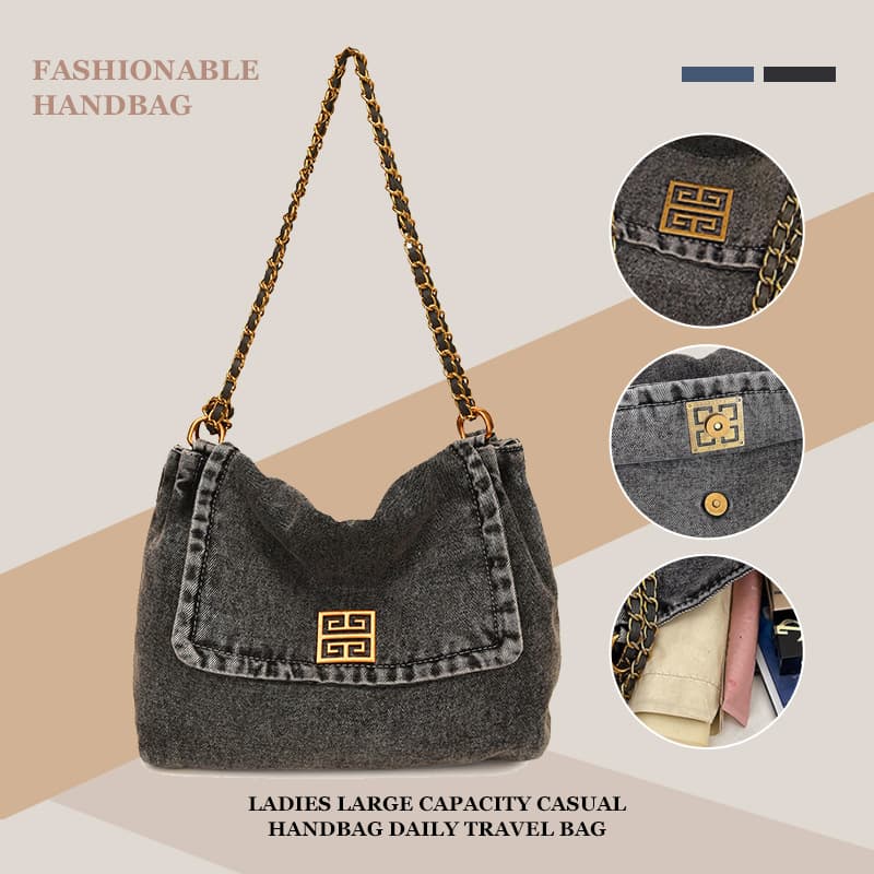 Casual Denim Shoulder Bag for Women, Large Capacity Commuter Crossbody Bag, Foreign Trade Chain Bag, Fashionable Phone Bag
