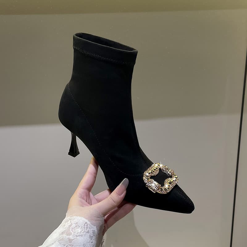 Square Buckle Rhinestone Pointed Toe High Heel Ankle Boots for Women, Fall/Winter New Style, Thin Heel Black Velvet Stretchy Slim Fit Sock Boots