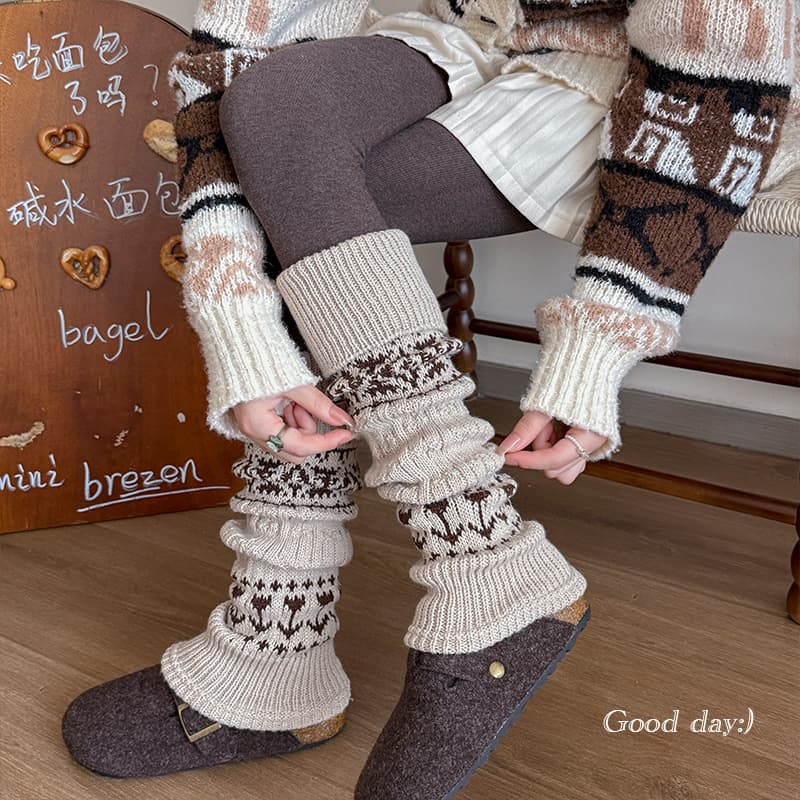 Boot Style Cotton Sock Cuffs for Women, Autumn/Winter Fair Isle Forest Style Stacked Socks, Warm and Thickened Retro Gray Diamond Calf Leg Sleeves