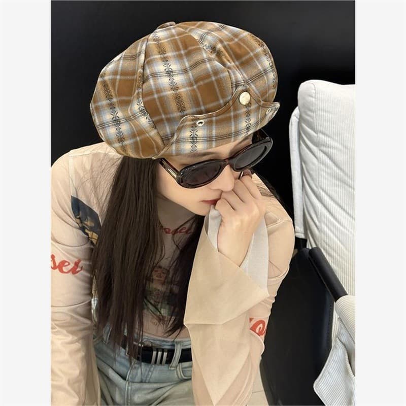 Japanese Retro Plaid Beret Women's Spring Summer Atmosphere Versatile Thin Style Face-Slimming Cloud Hat Octagonal Hat
