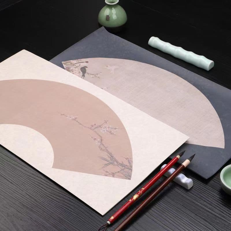 Fan-style ancient calligraphy work paper half-baked blank small regular script creative rice paper flower and bird fan-shaped rice paper