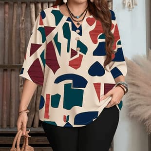 Amazon Cross-Border Plus Size Women's Blouse Summer New Fashion Geometric Print 3/4 Sleeve
