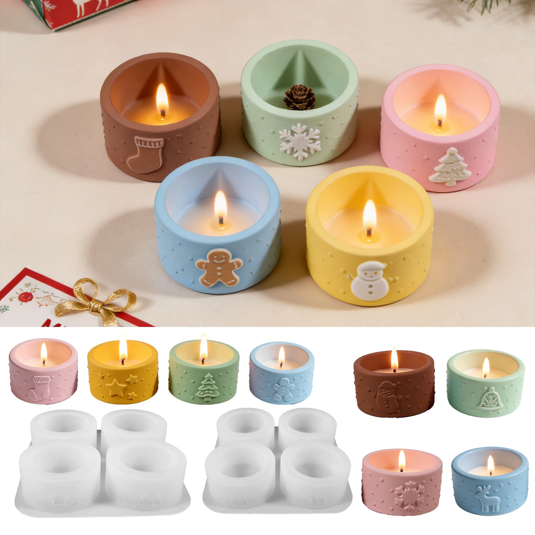 Cross-border Christmas 4-piece candle cup resin silicone mold Epoxy diy Christmas relief round candlestick ornaments