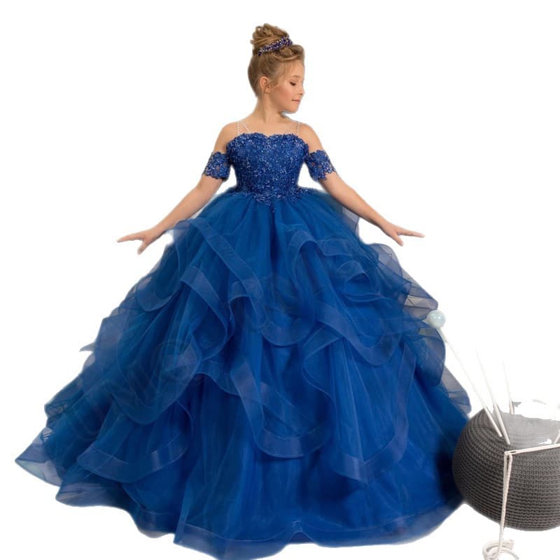 Children's Formal Dress, Tulle Tutu Dress with Spaghetti Straps and Short Sleeves, Bare Arm Princess Dress for Flower Girl Performance Costume