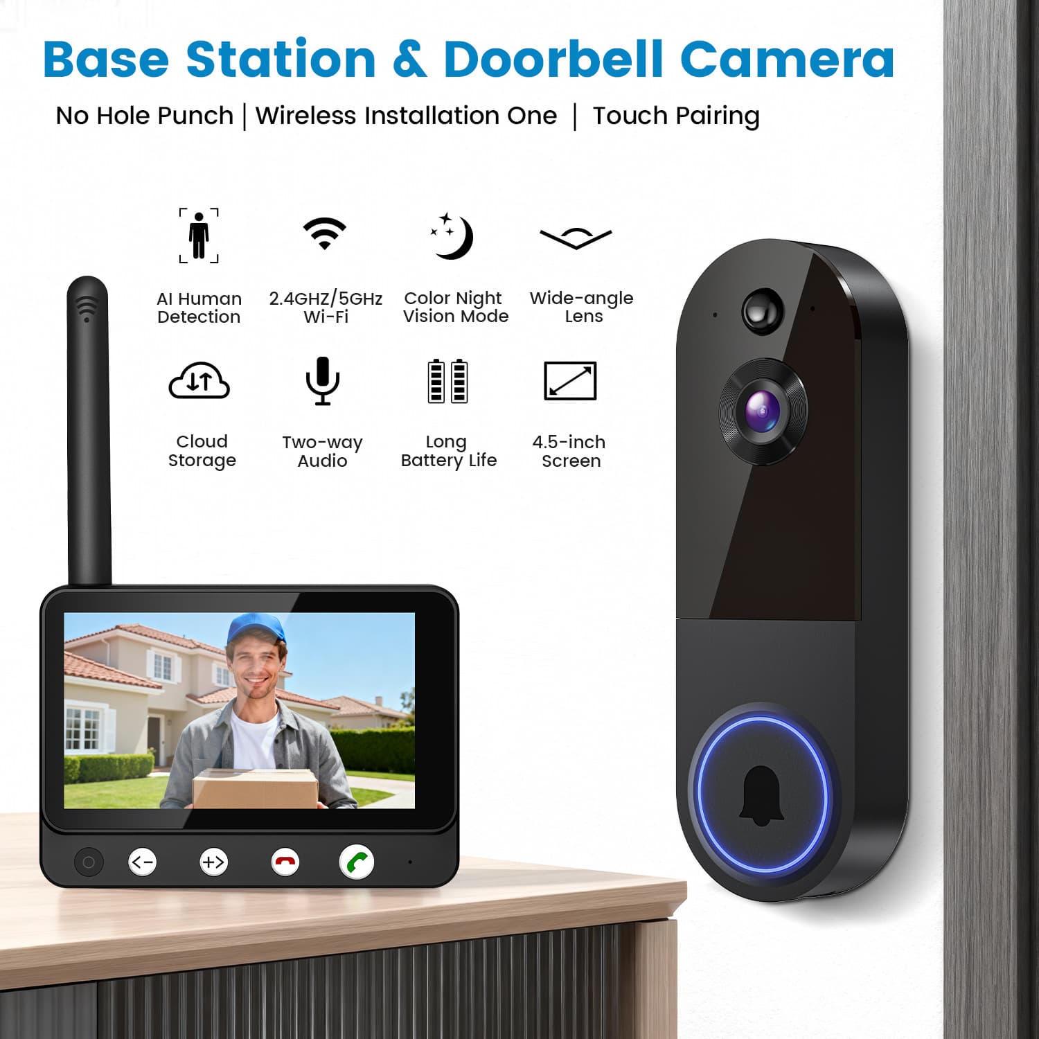 Wireless Video Doorbell Camera, HD Night Vision, WiFi, Low Power, Human Shape Recognition, Intercom Monitoring