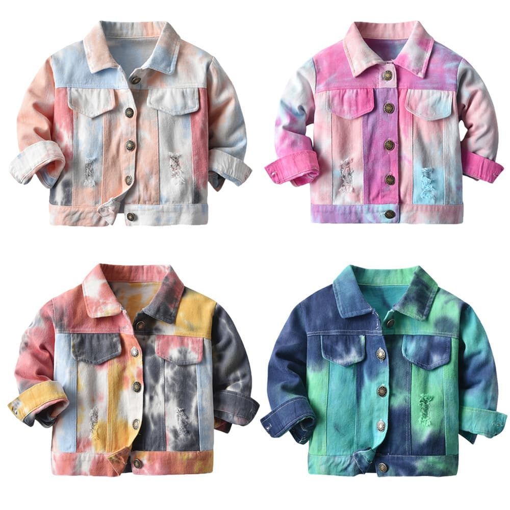 Korean-style multi-color unisex tie-dye cropped denim jacket, new children's lapel long-sleeve denim coat, fashion staple