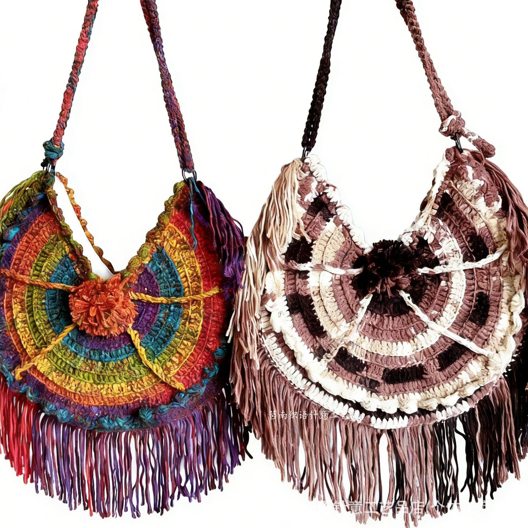 Bohemian handmade crocheted bag for women, tassel design, woolen knitted shoulder bag, ethnic style round bag