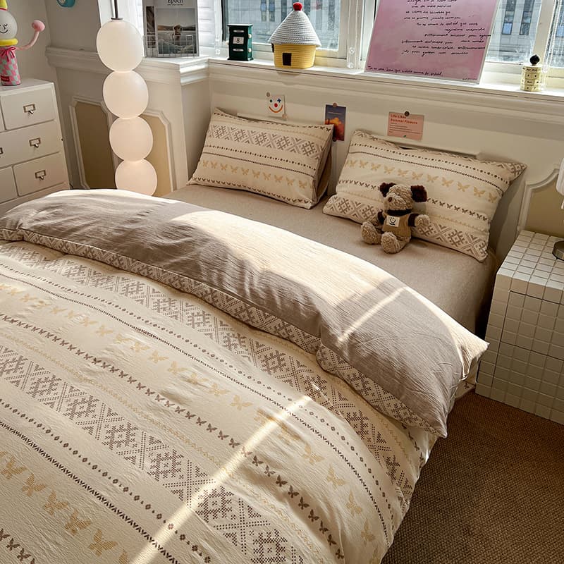 Nordic Style Washed Cotton Bed Sheet Set Spring Yarn-Dyed Jacquard Duvet Cover Spring Bedding Duvet Cover Three-Piece Set