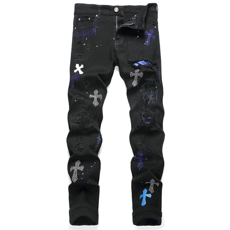 In-stock cross-border hot-selling 2025 autumn street men's ripped jeans, embroidered cross badge slim-fit hot-fix rhinestone trend.