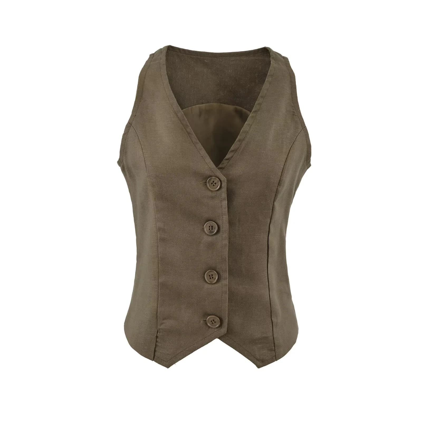 Old Money Style V-Neck Linen Vest for Women Summer Retro Short Sleeveless Jacket Top