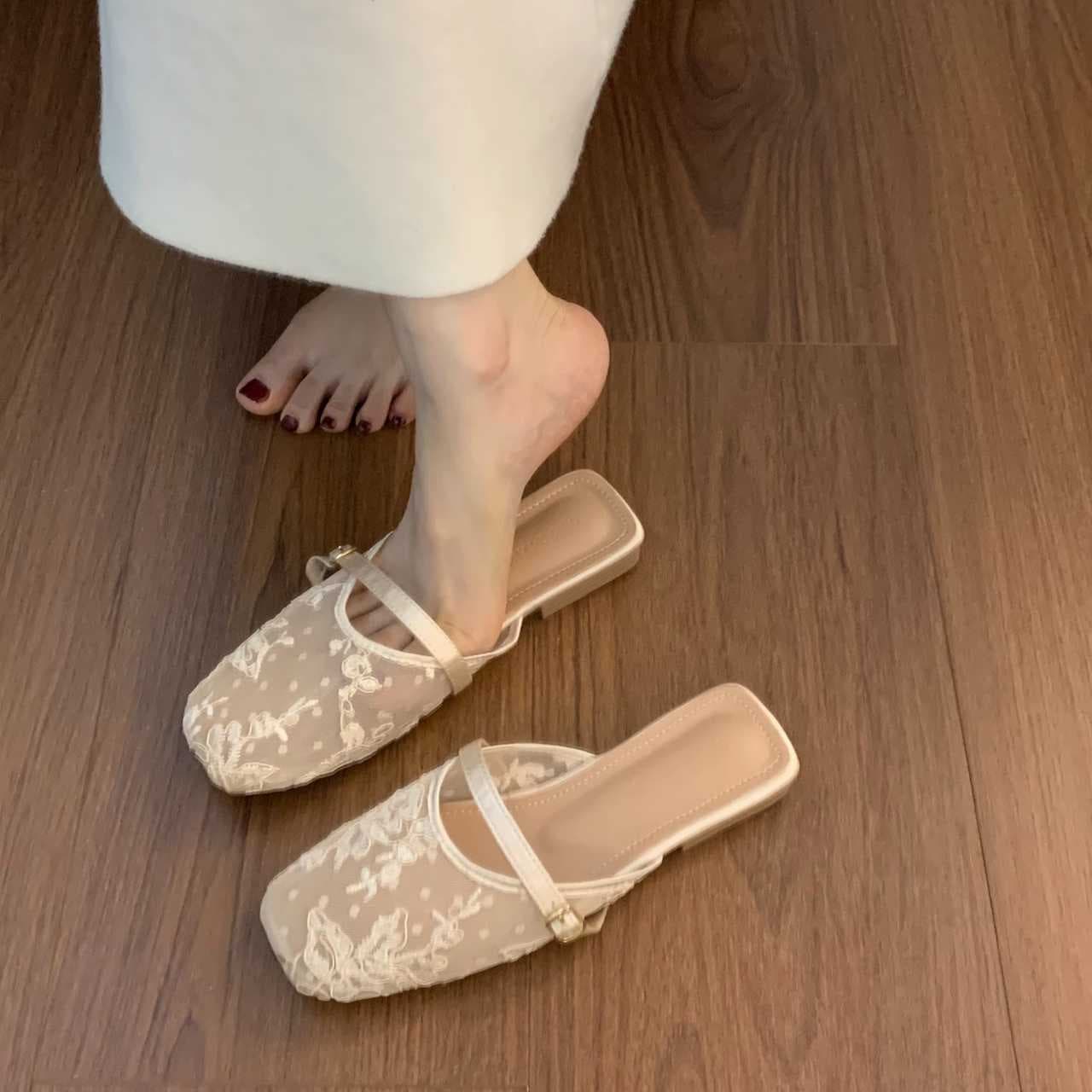 French-style elegant closed-toe sandals for women, summer gentle fairy bohemian Mary Jane half slippers