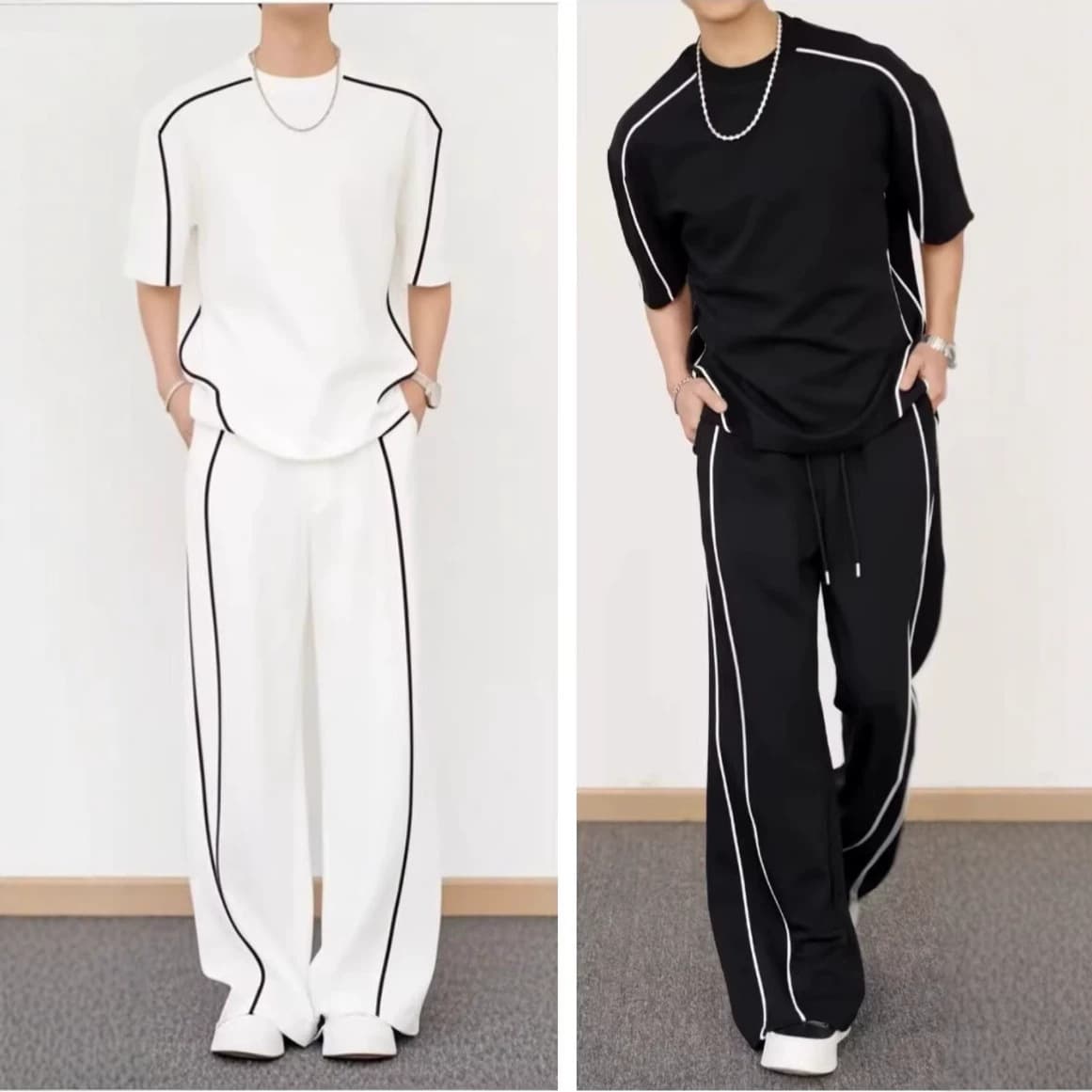Factory Wholesale Summer Men's Designer Line Graphic T-Shirt and Flared Wide-Leg Pants Casual Streetwear Short-Sleeve Set
