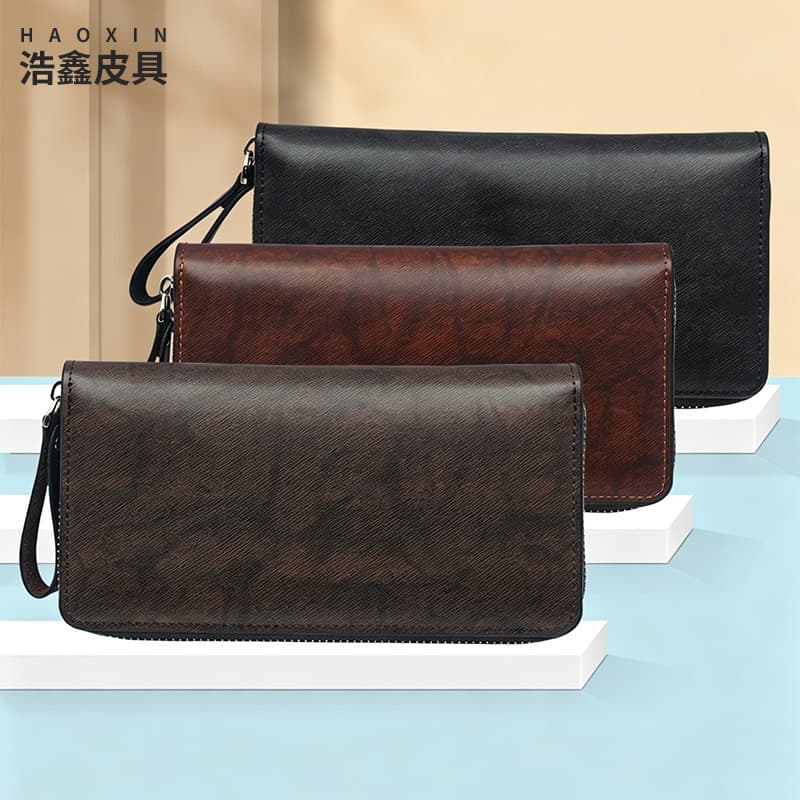 AliExpress Retro PU Leather Long Wallet Men's Business Clutch Bag Personalized Large Capacity with Hand Strap Zipper Wallet