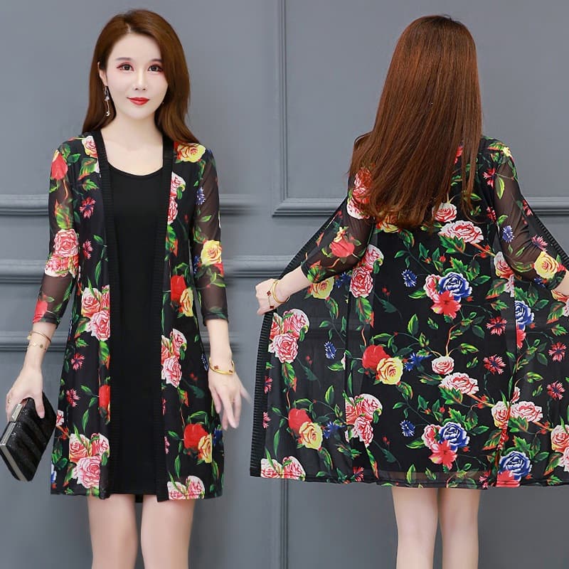 Mid-Length Mesh Three-Quarter Sleeve Sun Protection Jacket, Women's Summer New Style, Thin Cardigan Open Front, Net Fabric Air Conditioning Cardigan