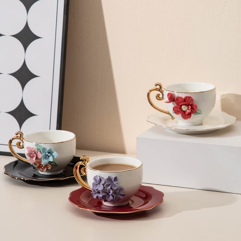 Ceramic Creative Hand-Pinched Flower Coffee Cup & Saucer Set with Gold Trim, Home Ceramic Coffee Cup, Espresso Cup & Saucer