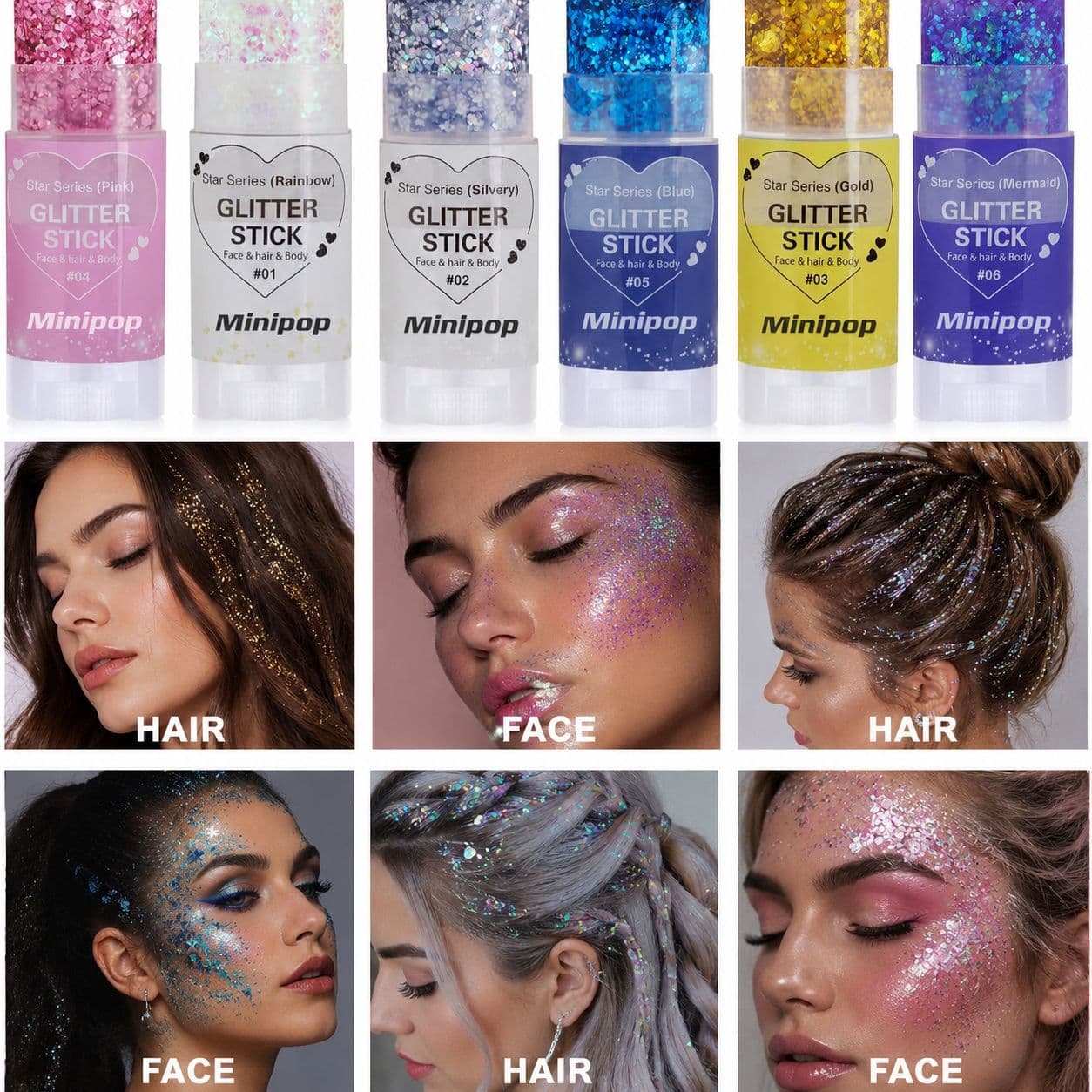 MINIPOP Body Paint Glitter Stick Face Lip Star Shimmer Eyeshadow Festive Stage Makeup for Amazon Cross-Border