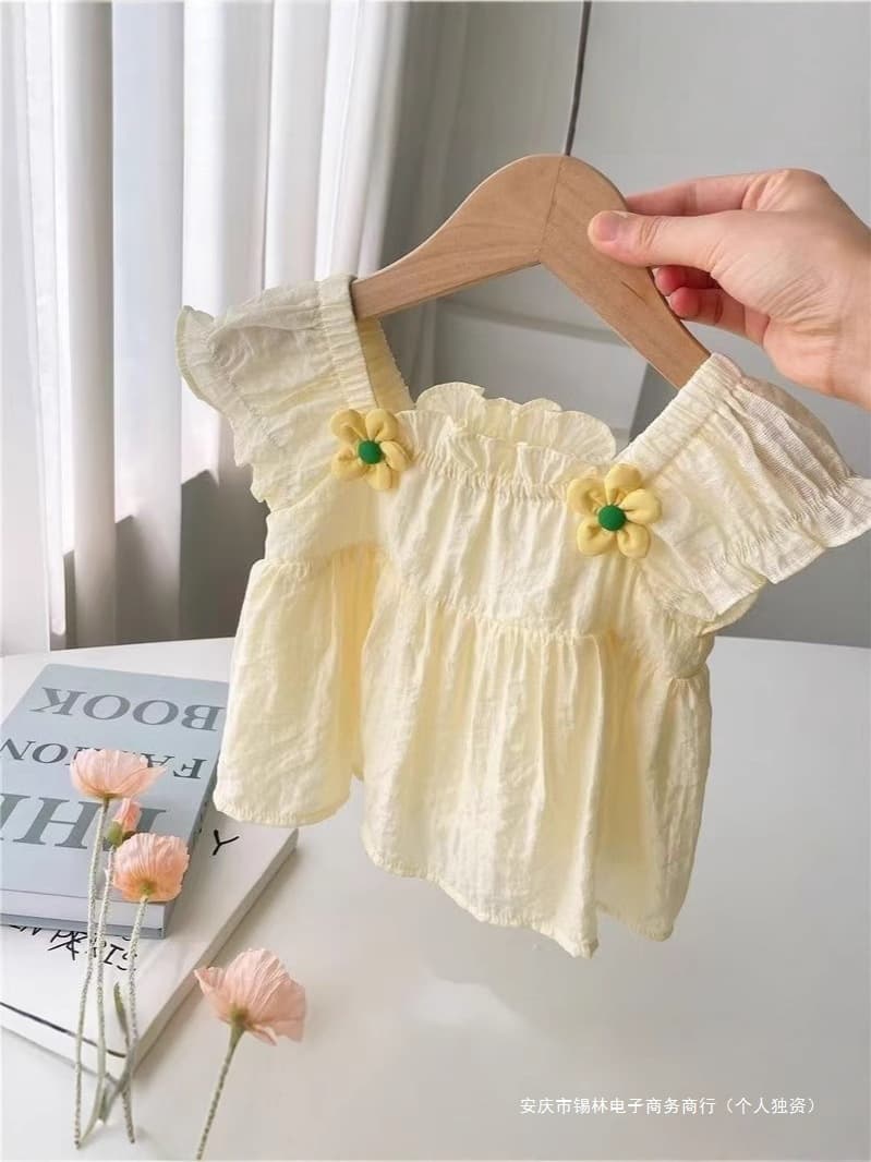 Korean-style girls' doll blouse, trendy and loose, baby stylish top, toddler short-sleeve yellow flower doll blouse