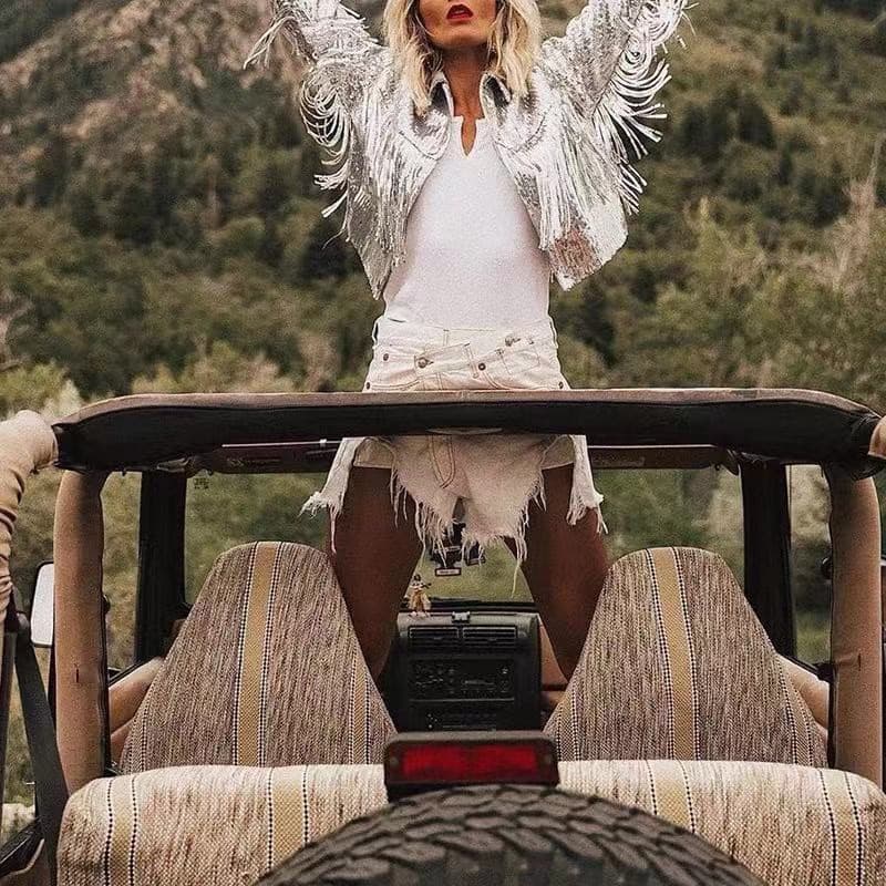 European and American Style Sequin Long Fringe Cardigan Cheerleading Girl Group Performance Wear Cardigan Jacket Evening Party Annual Meeting Performance Gown