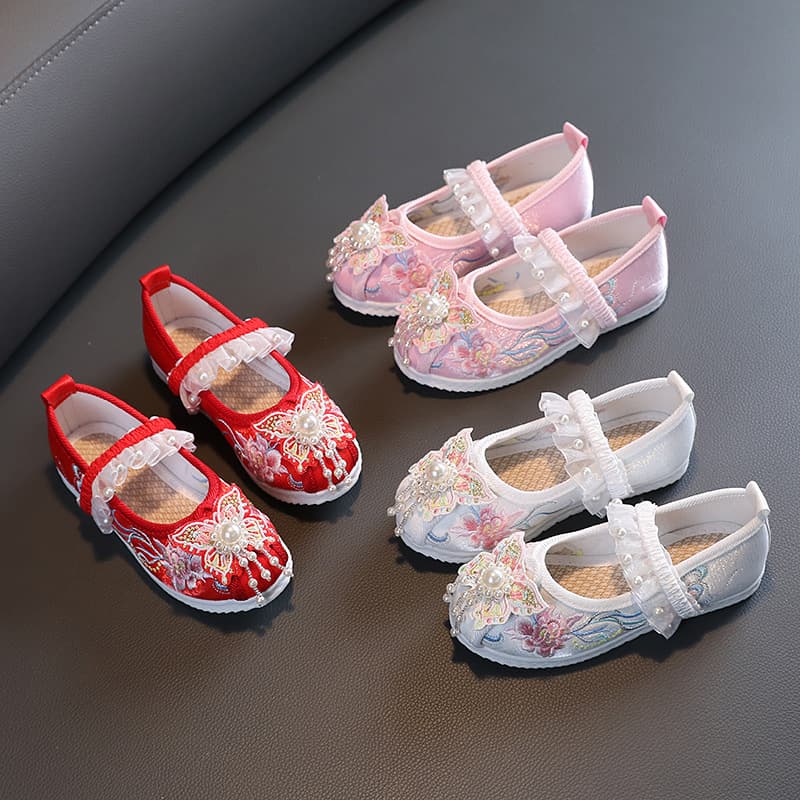 Spring Girls Hanfu Shoes, Children's Old Beijing Soft Sole Cloth Shoes, Ancient Style Embroidered Shoes, Cute Baby Princess Shoes