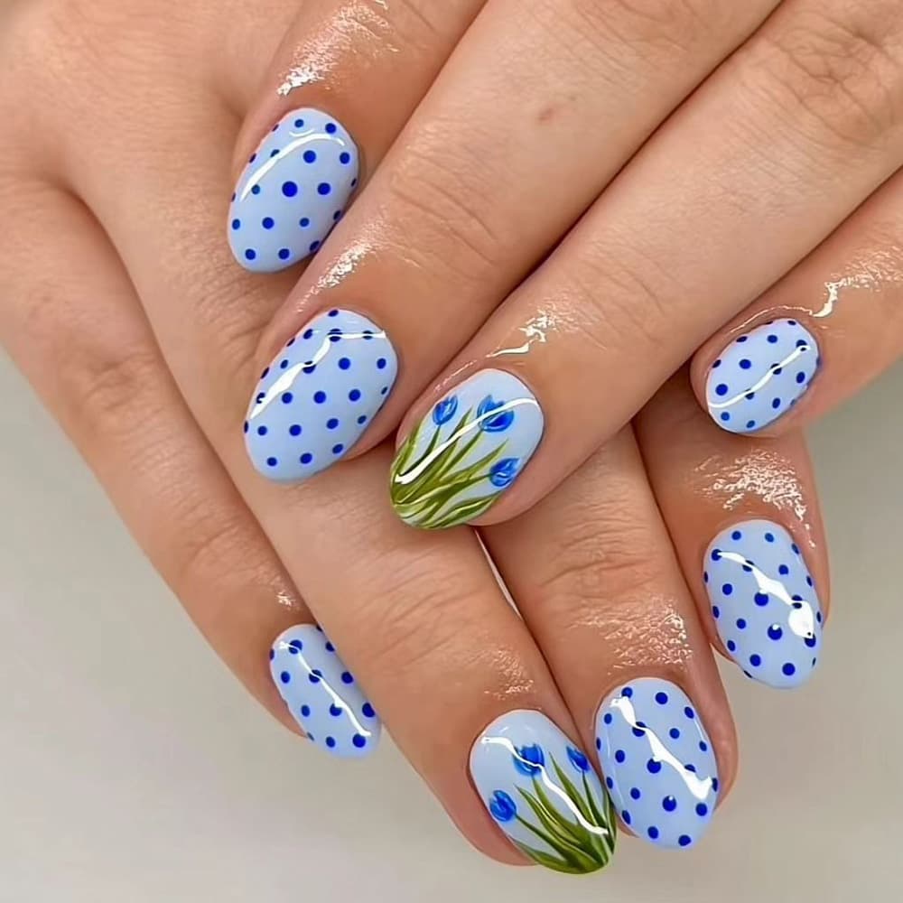 Summer pastoral polka dot short oval wearable manicure tulip flower manicure piece fake nail piece removable manicure