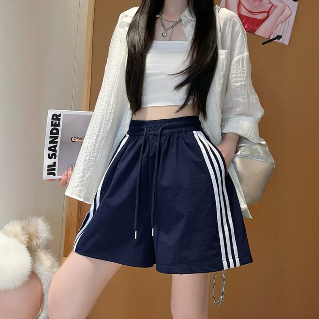 Navy Blue American Drawstring Loose Wide-Leg Shorts for Women Summer 2026 New Petite Sport Slimming Quick-Dry Shorts