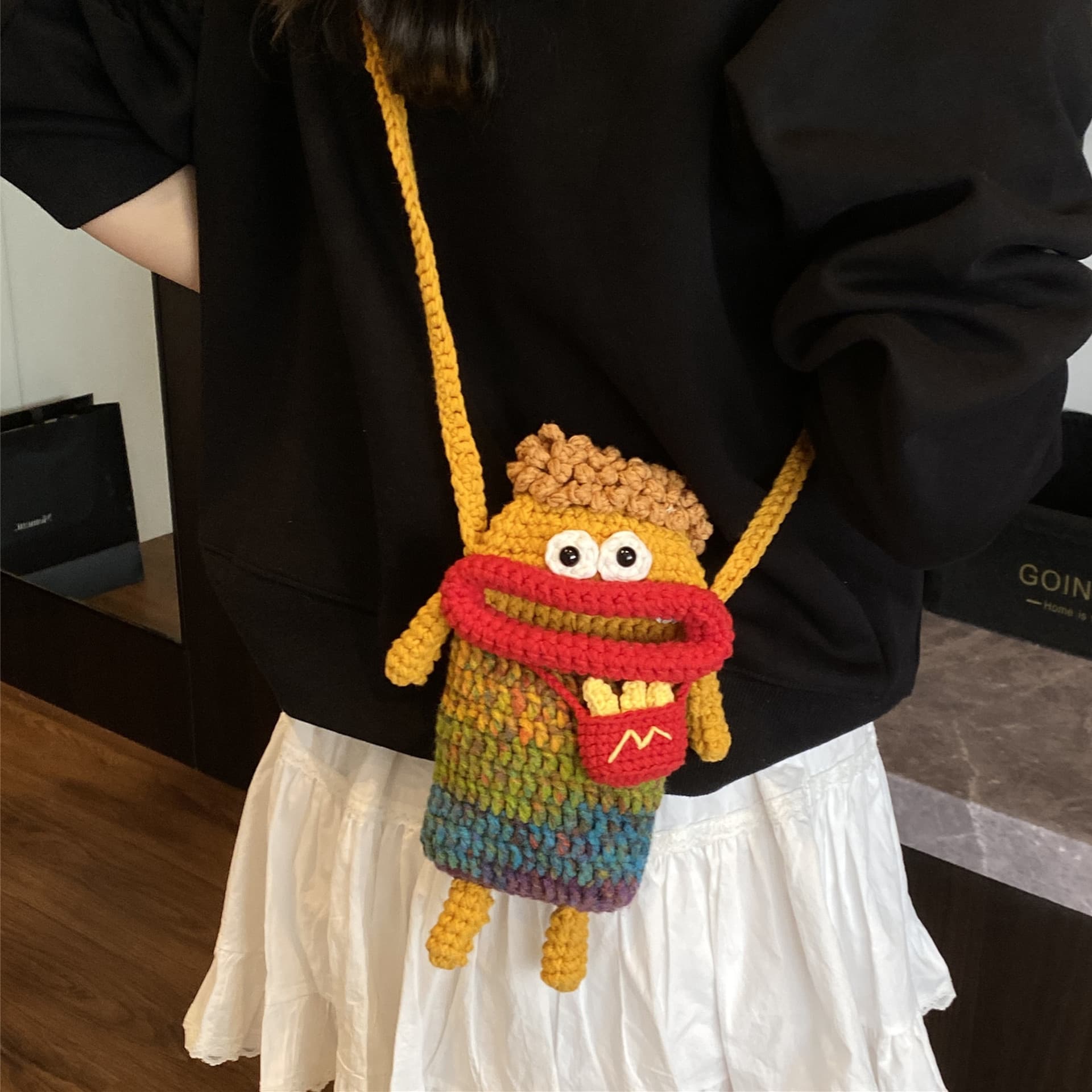 Wool crocheted sausage mouth mobile phone bag finished hand knitted ugly cute cross body bag women's bag children's coin purse