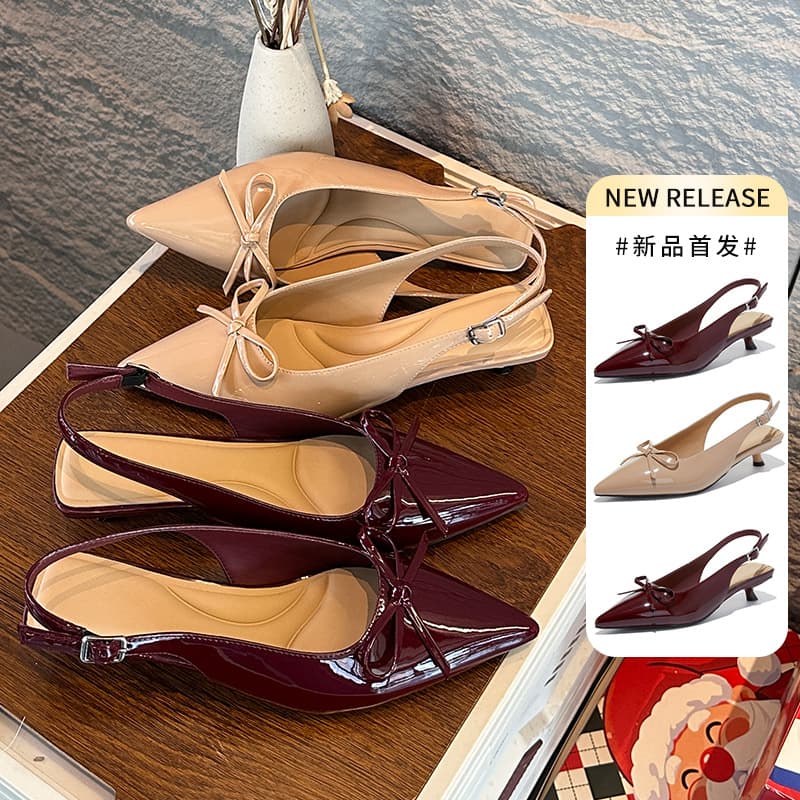 Top Layer Sheepskin Insole Pointed Toe Bow Fashion Dress Shoes for Women 2026 Spring New Style Closed Toe Backless Sandals