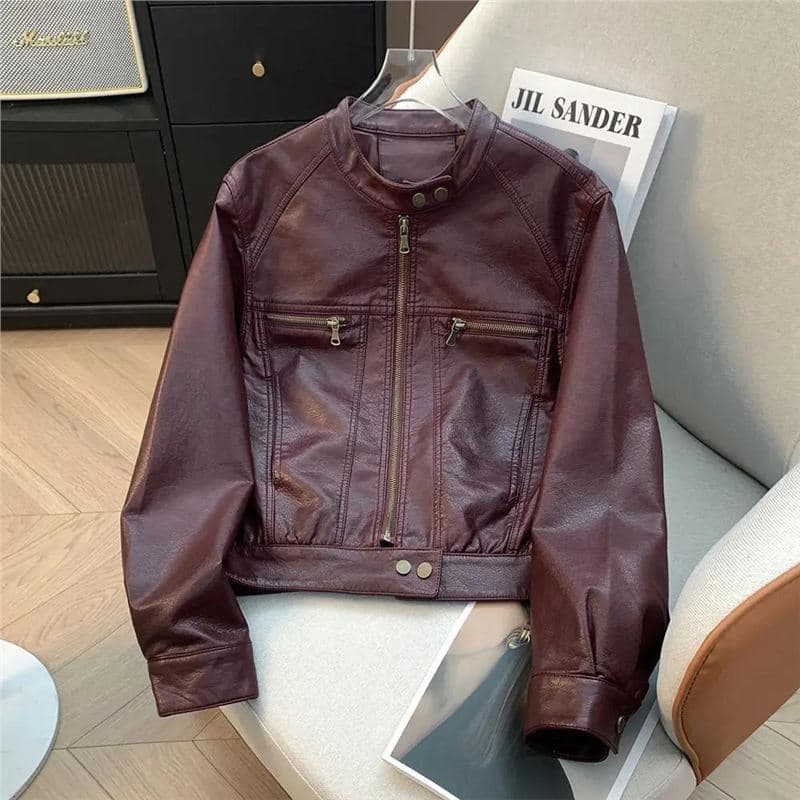 2025 Spring/Autumn Fashion Stand Collar PU Leather Jacket for Women, Short Loose Casual Versatile Motorcycle Jacket Top Trendy