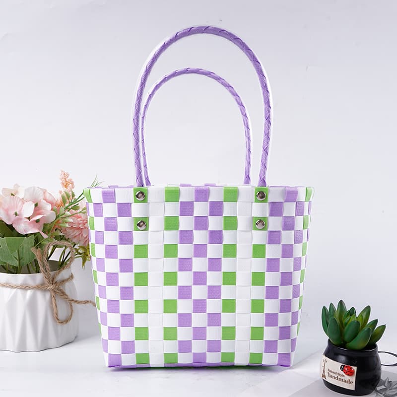 Summer hose handle woven bag plastic vegetable basket bag colorful small basket photo matching beach bag women's bag