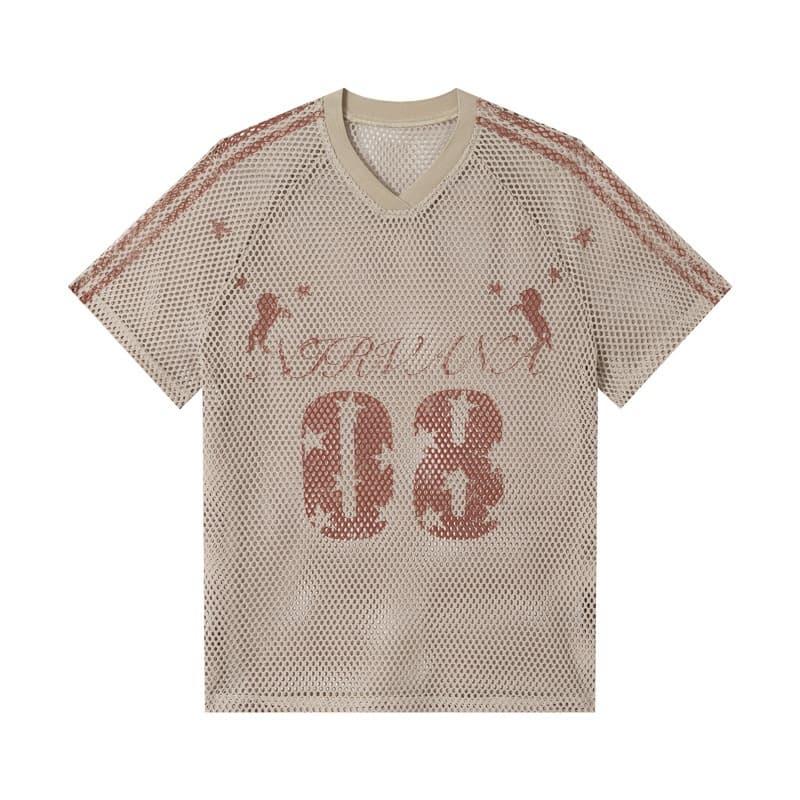 2026 Summer Sporty Streetwear Distressed Mesh Breathable Printed V-Neck Short Sleeve T-Shirt for Men Trendy Brand Casual Jersey