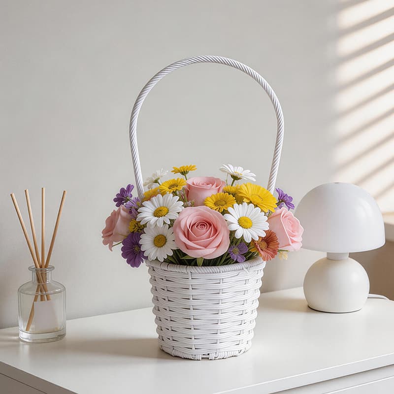 White Wicker Handheld Flower Basket, New Gardening Flower Arrangement Basket, Event Decoration Basket, Holiday Gift Flower Basket