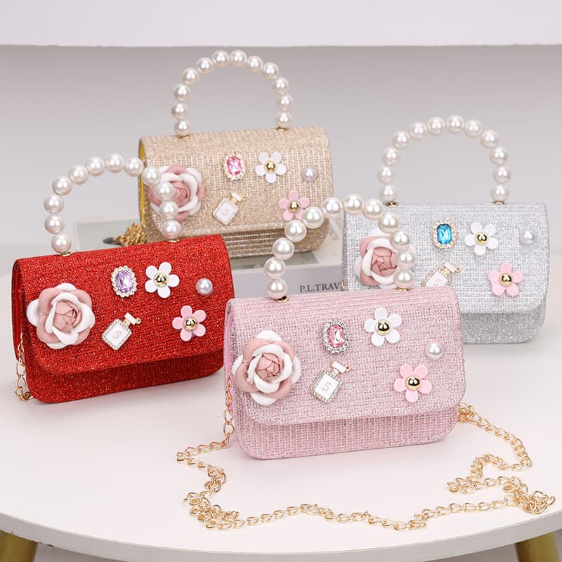 Children's Red Small Fragrance Bag Camellia Pearl Hand-Body Crossbody Chain Two-Purpose Bag Little Girl Bag Coin Purse