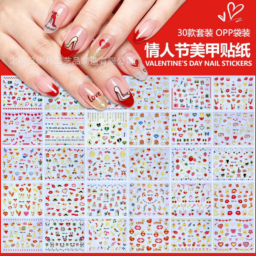 Valentine's Day Nail Art Stickers Gold Foil Red Lips Rose Red Heart Bear Nail Decals Cross-Border Wholesale