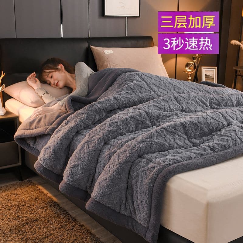 Triple-layer thickened winter blanket with coral and lamb's wool, suitable for dorm use and keeping warm for singles or couples.