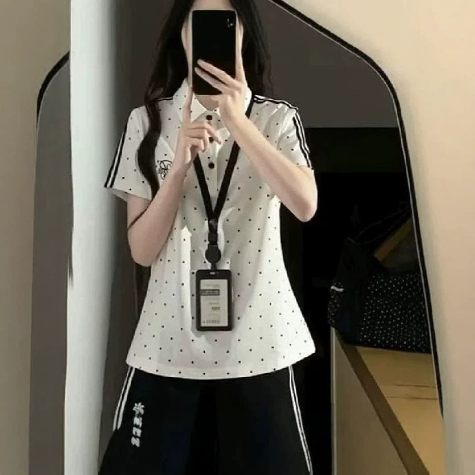 Japanese gymnastics suit summer new college style sports POLO shirt top embroidery niche design casual