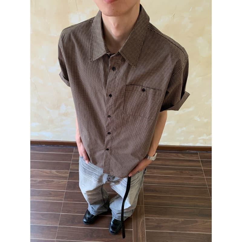 Oalin retro old money style brown plaid lapel short-sleeved shirt vibe style commuting all-match casual shirt for men