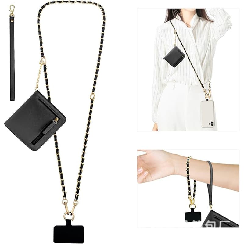 RFID Leather Wallet Phone Holder with Adjustable Shoulder Strap, Zippered Pouch, Hands-Free Anti-Theft Chain Lanyard Accessory