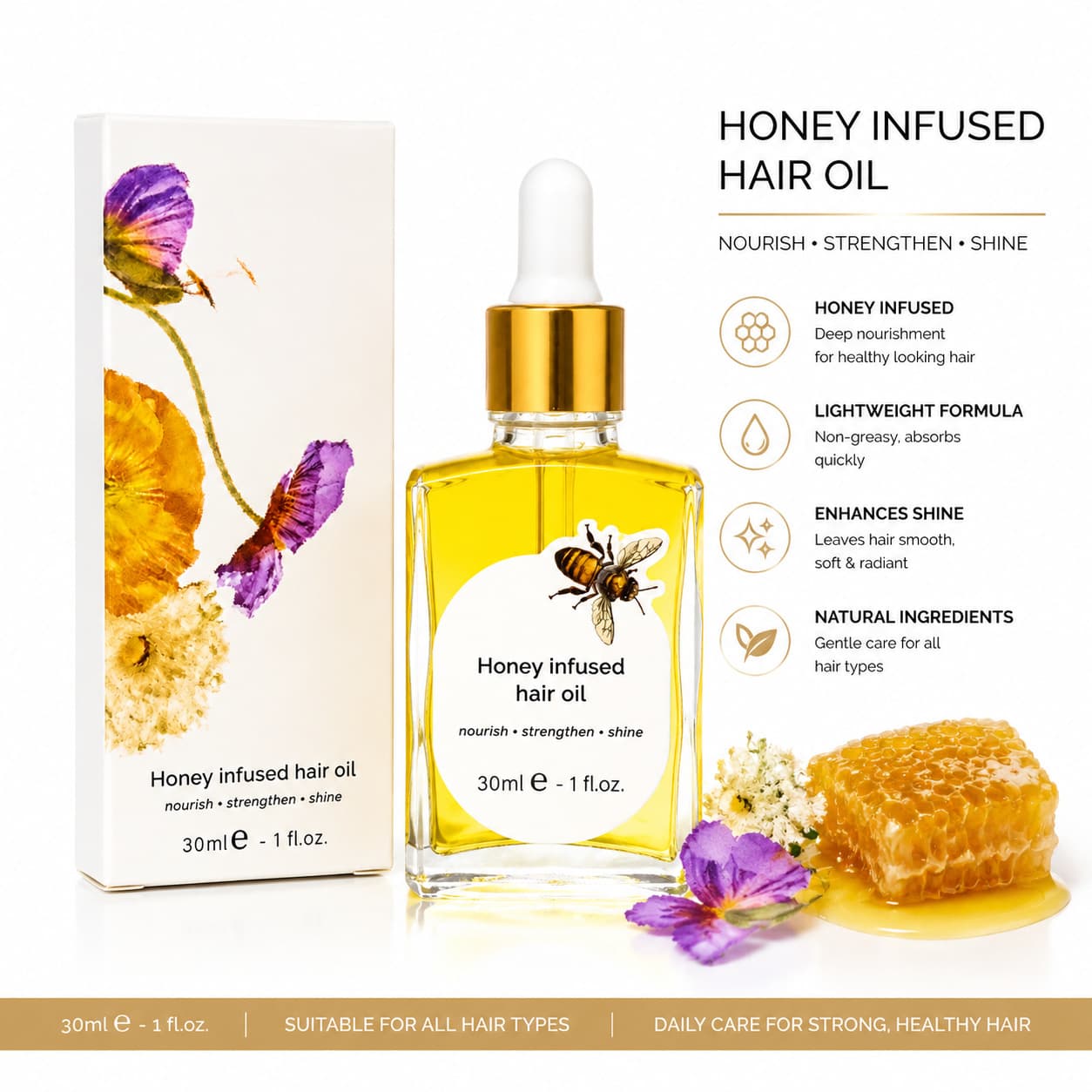 Cross-border Honey Infused Hair Oil Honey Essence Hair Care Essential Oil Nourishing Softening Hair Care Essence