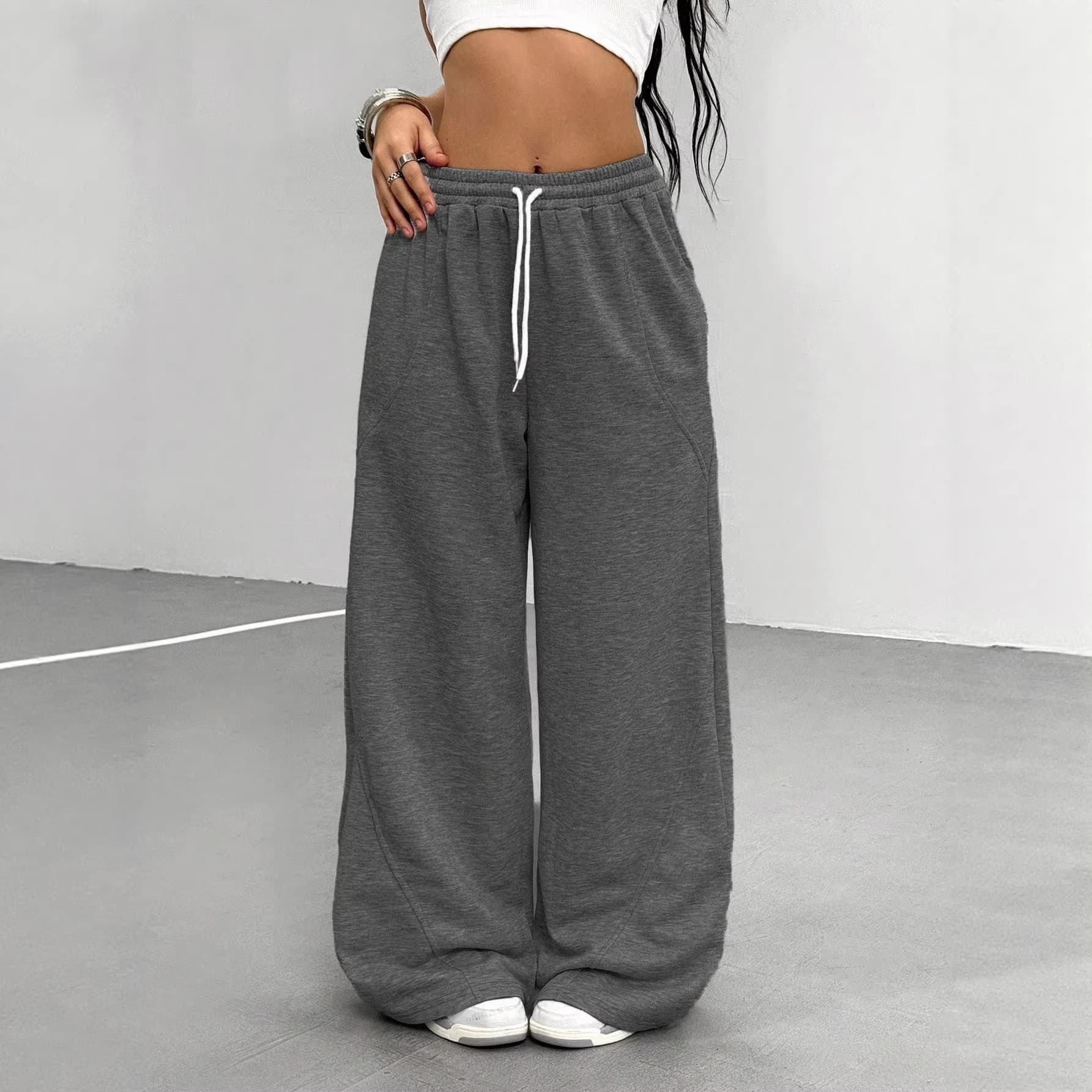 European and American cross-border Amazon simple casual sweatpants front lace-up sports comfortable sweatpants loose wide-leg women's trousers