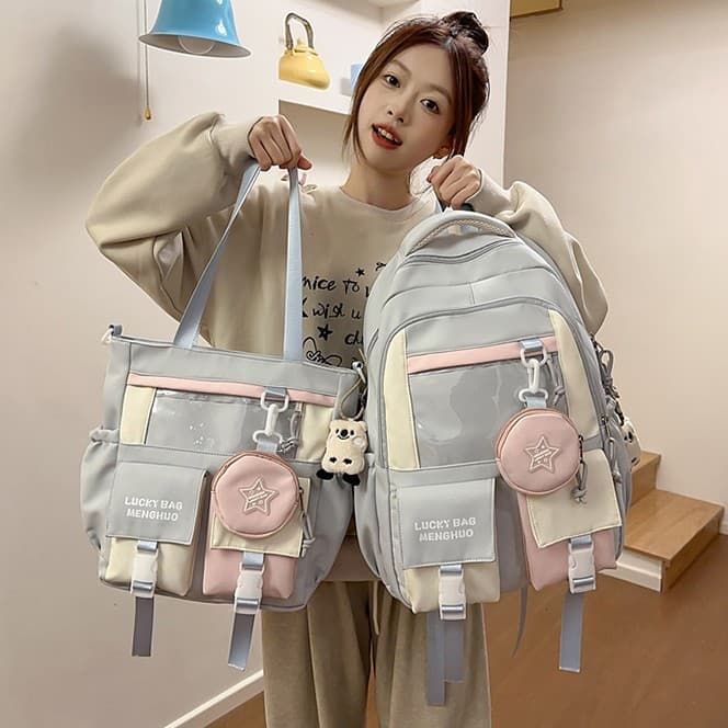 New Stylish College Style Ins Tutoring Bag Contrast Color Stitching Middle and High School Students Multi-Compartment Two-Piece Backpack