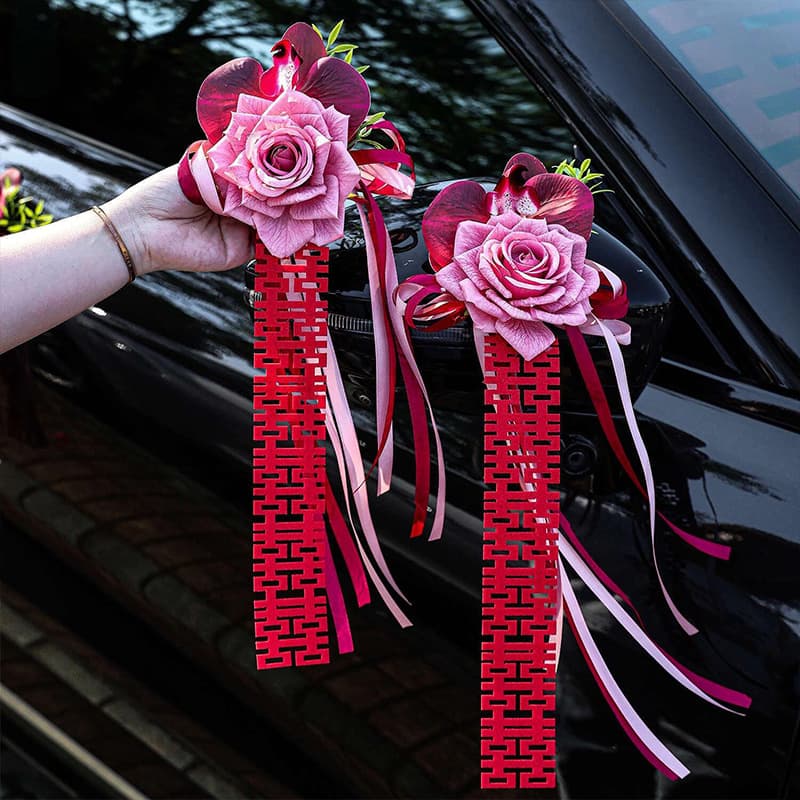 Wedding Car Streamer Decor with Phalaenopsis Flowers for Main/Secondary Fleet Rearview Mirrors & Handles